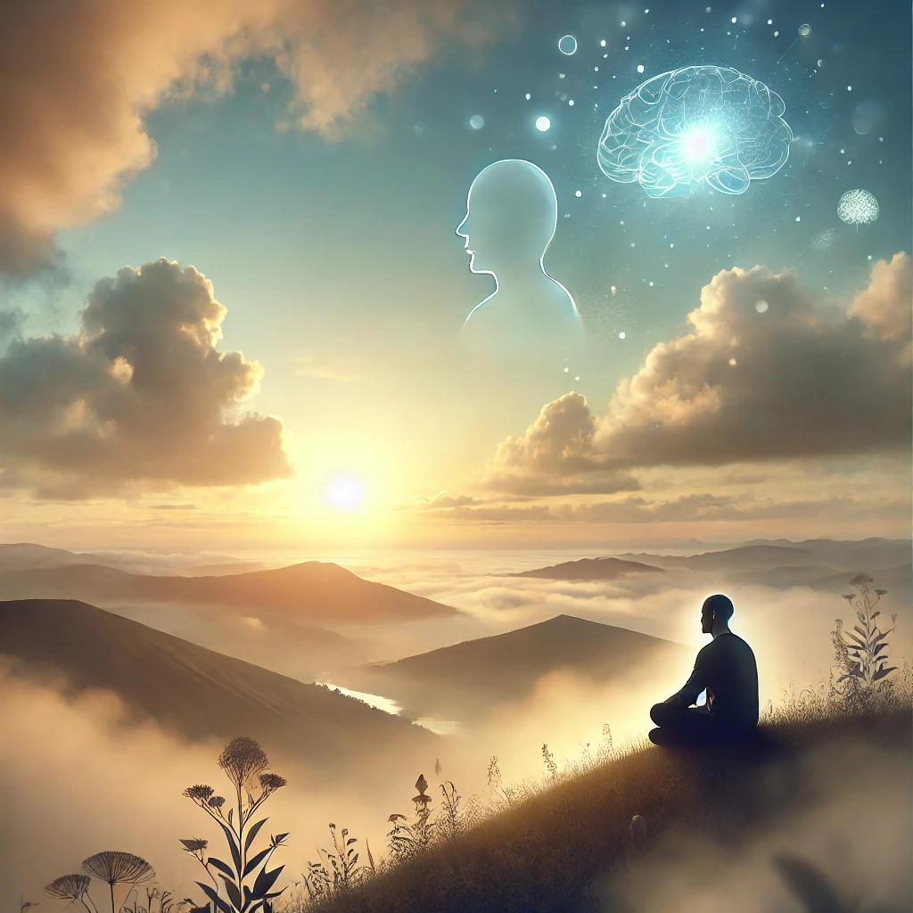 A peaceful person sitting on a hill at sunrise, symbolizing finding peace amid anxiety with the guidance of Sydney Banks' Three Principles.