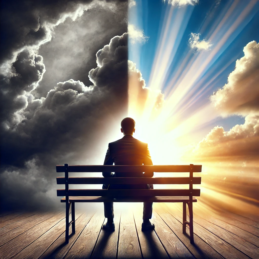 A person sitting alone under a cloudy sky, with sunlight breaking through, representing the struggle of clinging to anxious thoughts while letting joy slip away.